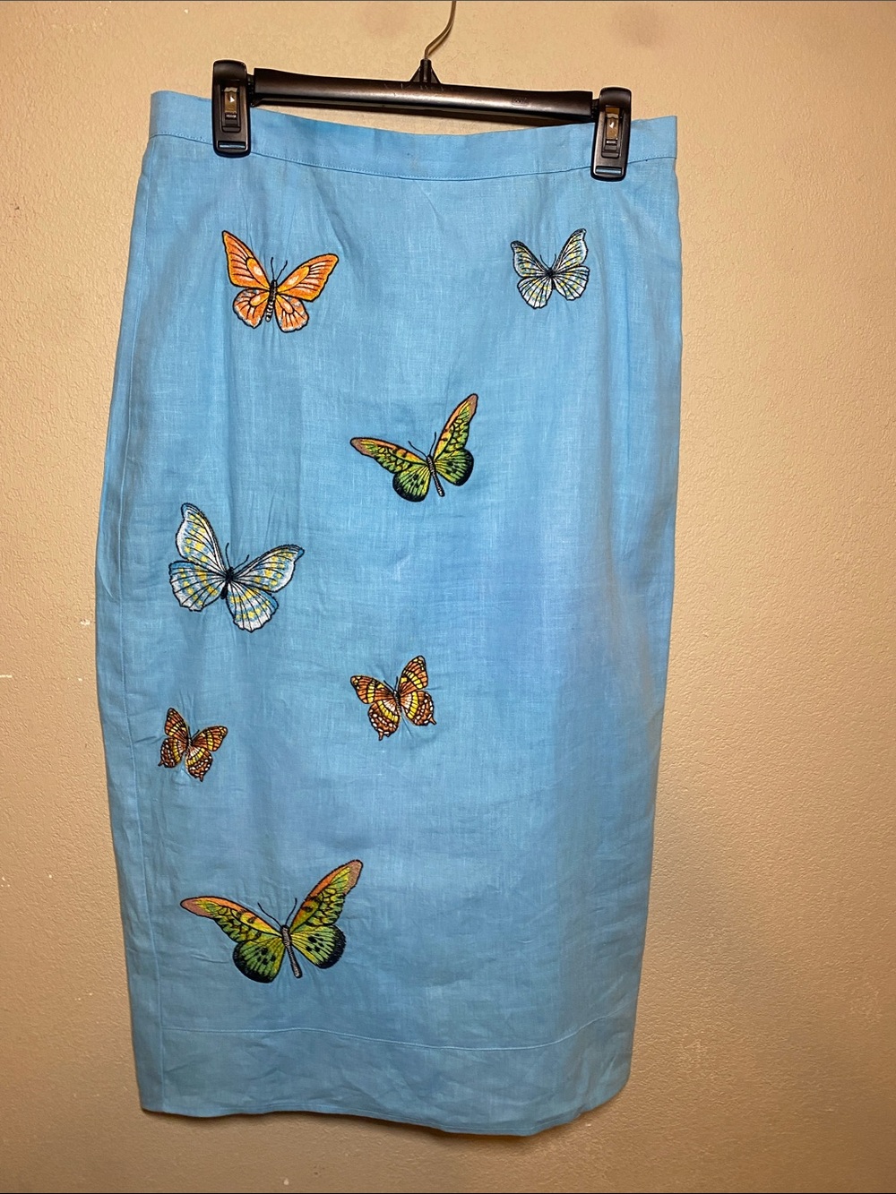 Fanm Mon Marion Light Lagoon Blue Linen Skirt Butterfly Embroidery